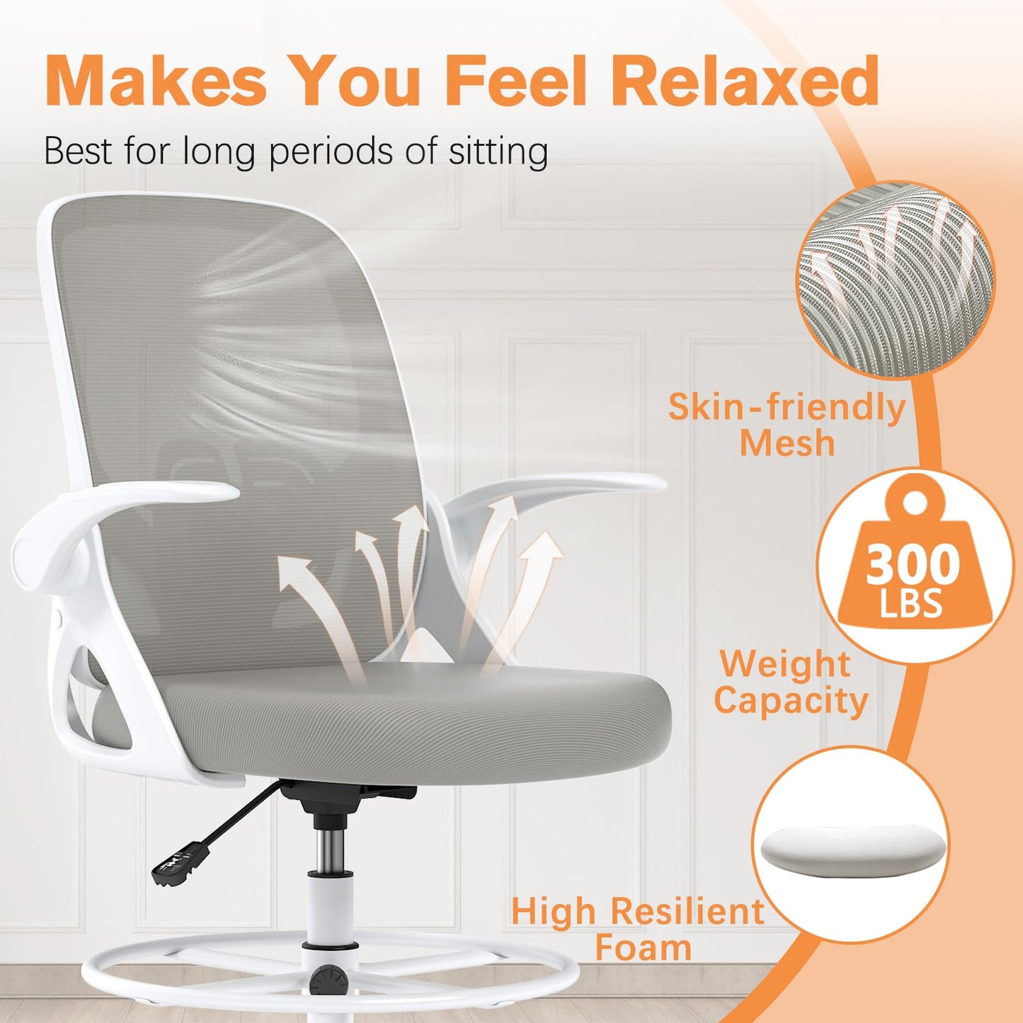 ORRSAKER Drafting Chair, Tall Office Chair with Flip-up Arms, Mesh Ergonomic Computer Standing Desk Chair with Adjustable Height Foot Ring and Lumbar Support, 300 LBS Capacity, Gray
