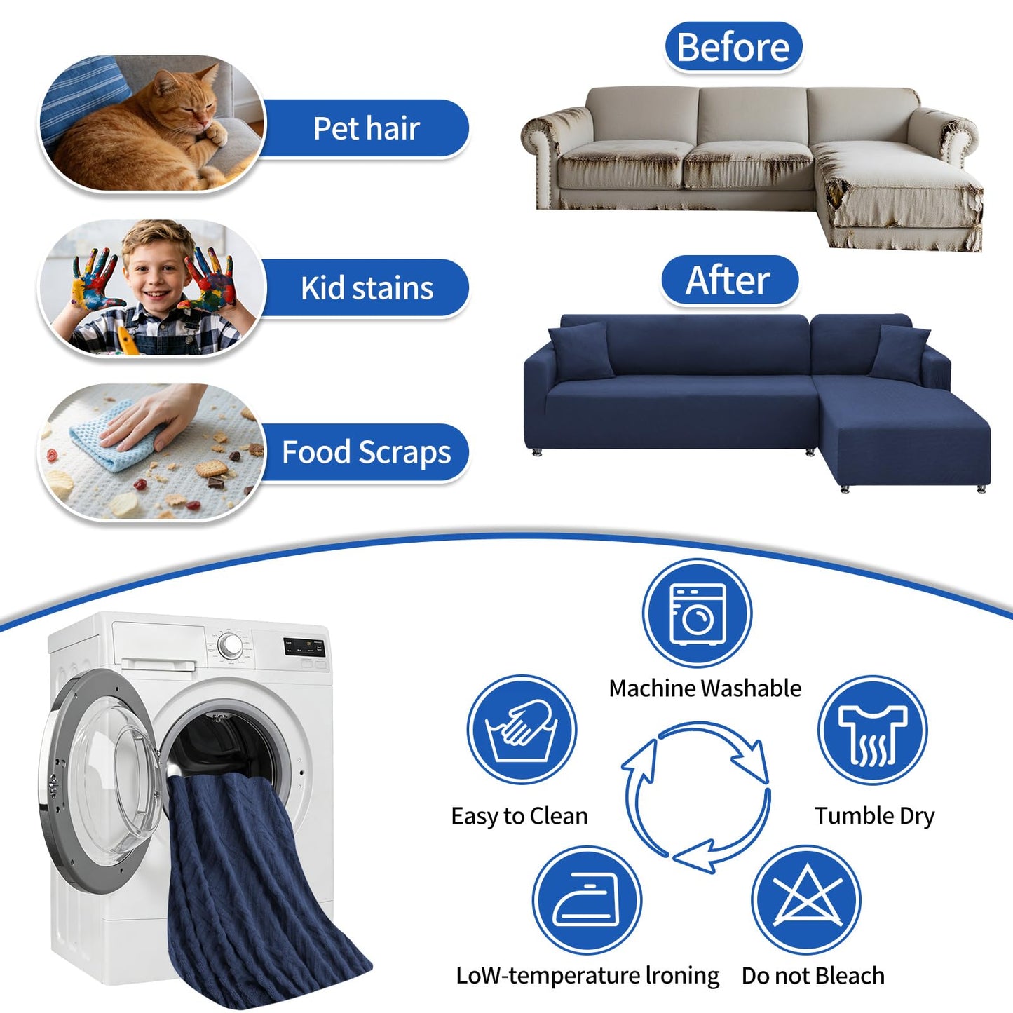 XINEAGE Sectional Couch Cover High Stretch L Shaped Sofa Cover 2 Pieces Non Slip Slipcover with Chaise Furniture Protector with 2 Pillowcases for Pets & Dogs (3 Seat Sofa + 3 Seat Chaise, Navy Blue)