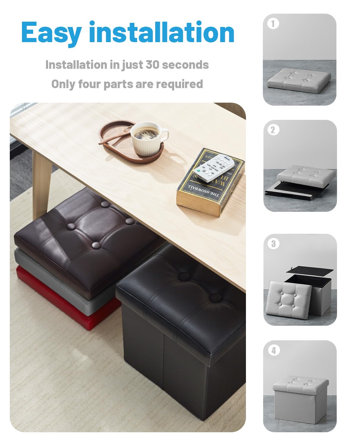AmasSmile Storage Ottoman Folding Foot Rest Stool, Leather Footstool Bench, Short Ottoman Stool, Storage Foot Rest Store, Books (Grey, 17" D x 13" W x 13" H)