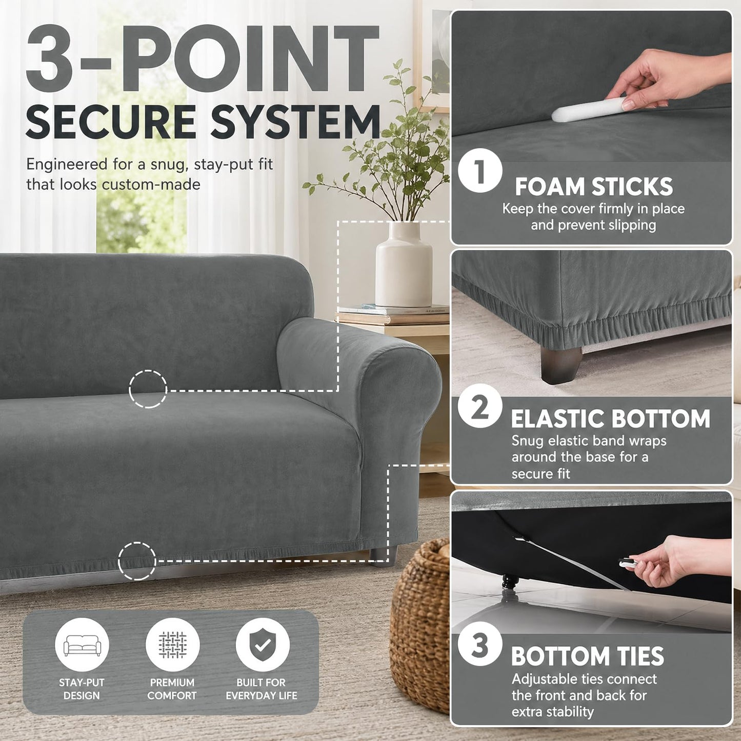 YEMYHOM Real Velvet Couch Covers for 2 Cushion Couch High Stretch 1 Piece Loveseat Slipcover for Pets Dogs Anti Slip Love Seat Sofa Slipcover Furniture Protector (55"-69", Gray)