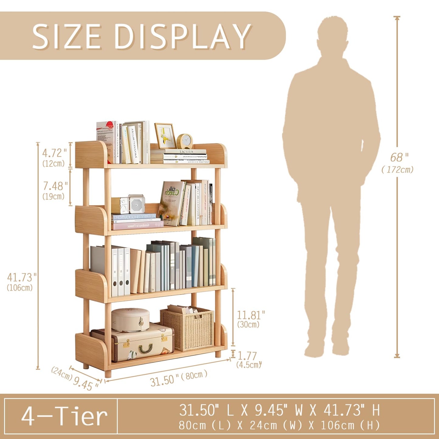 OSCHF 4-Tier Wooden Open Bookcase - Modern Display Bookshelf with Top Edge and Solid Wood Frame for Home and Office, Storage Cabinet, Oak