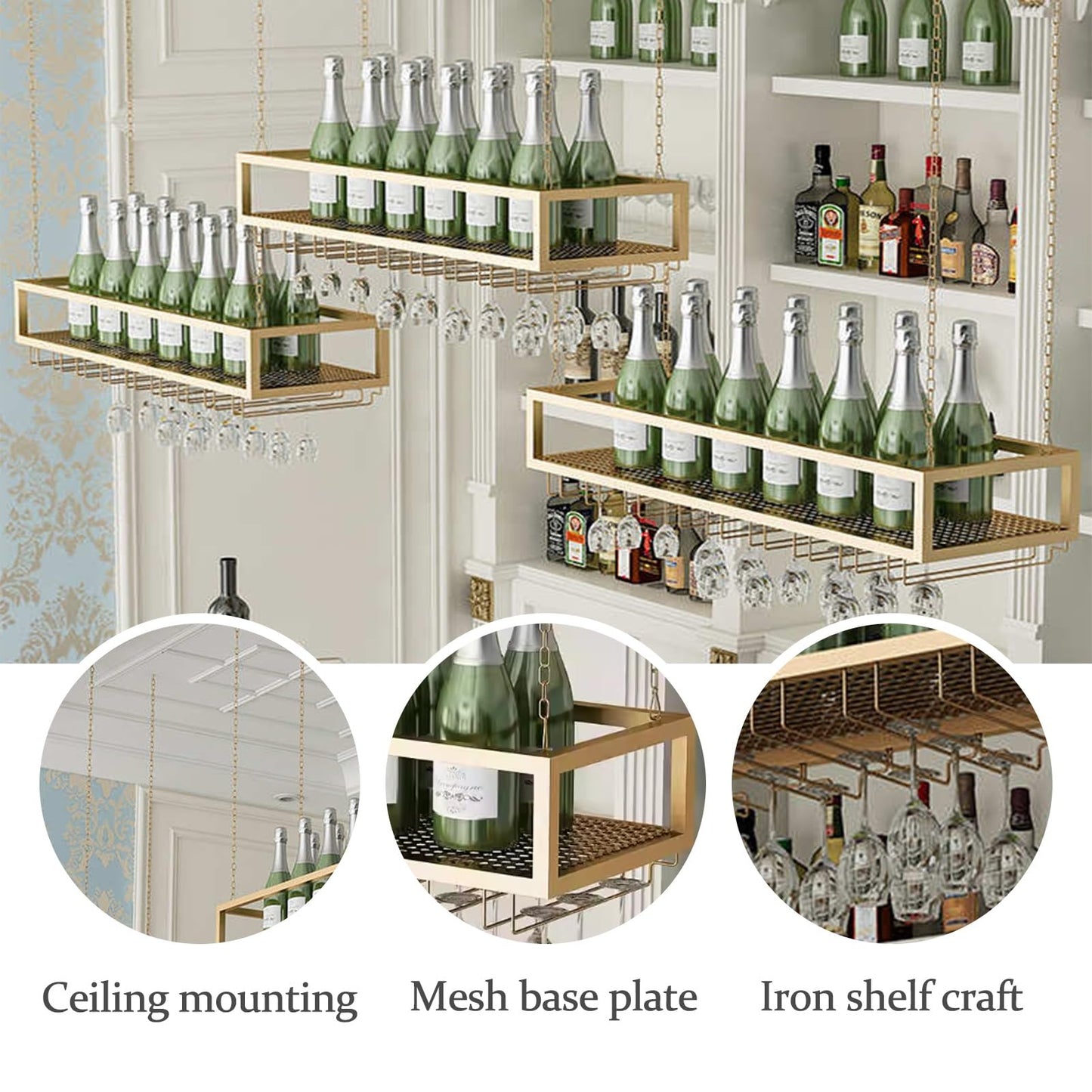 GFRWKCEX Hanging Wine Rack, Metal Ceiling Mounted Suspended Wine Glass Holder, Wall Wine Stand for Wine Bottles for Restaurant Cafe Kitchen, Floating Wine Storage Shelf(80x25x20cm)