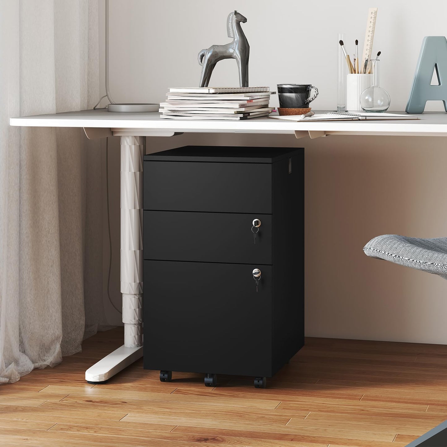 Giantex 3-Drawer File Cabinet with Lock, 27-Inches Storage Cabinet with 2 Side Hooks, Mobile Printer Stand, Wheels, 4 Keys, Vertical Filing Organizer fits Letter/A4 Size for Home Office (Black)
