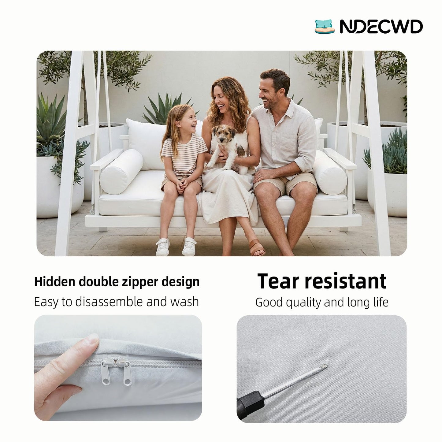 Twin Size Daybed Cushion Cover, Water-Repellent Porch Swing Mattress Slipcover (Fits 6" Depth), Heavy-Duty UV Resistant Patio Bed Protector with U-Shaped Zipper, Cover Only (White, 75 * 39 * 6in)