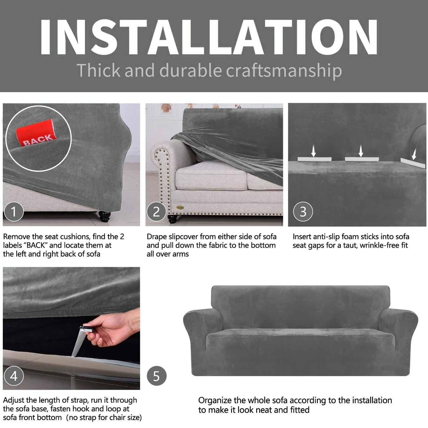 YEMYHOM Real Velvet Couch Covers for 2 Cushion Couch High Stretch 1 Piece Loveseat Slipcover for Pets Dogs Anti Slip Love Seat Sofa Slipcover Furniture Protector (55"-69", Gray)