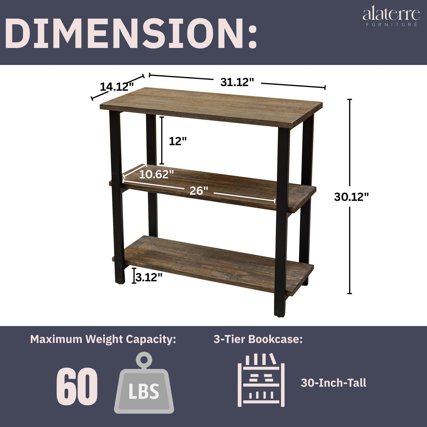 Alaterre Furniture Pomona Living Room 3-Tier Solid Wood Under-Window Bookshelf with Metal Frame – Rustic Industrial Modern Living Room Bookcase (Rustic Brown)