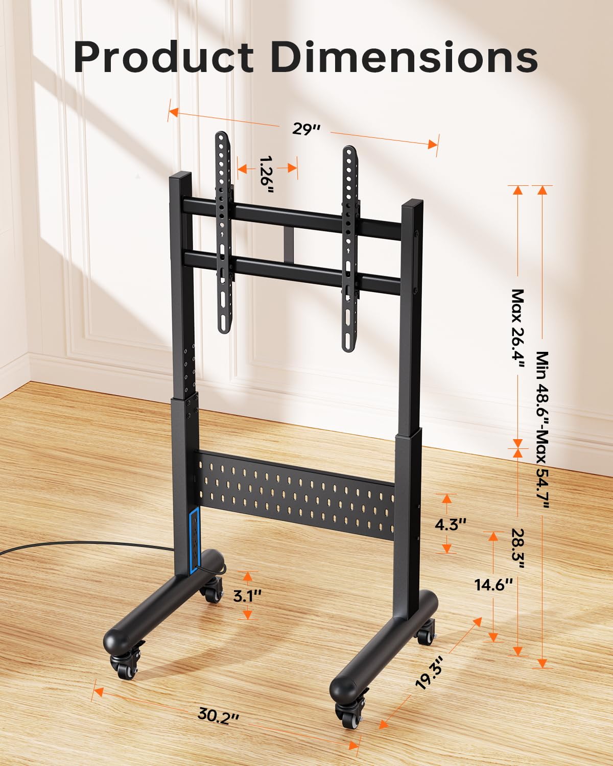 Afaloona Commercial Rolling TV Stand with Power Outlet, Mobile TV Cart with Lockable Wheels for 32-65 Inch TVs up to 176 lbs, Height Adjustable with Pegboard Storage, Max VESA 600x400mm