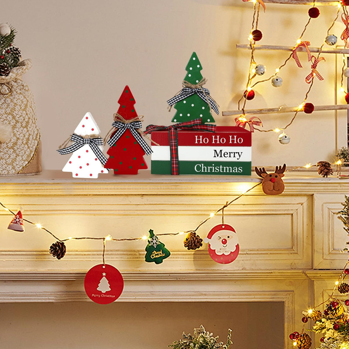 Christmas Decoration 6PCS Table Centerpieces, Tabletop Christmas Decor for Tiered Tray Shelf Mantel Fireplace Coffee Bar Office Desk Farmhouse Xmas Holiday Decoration Wood Faux Book and Tree Sign