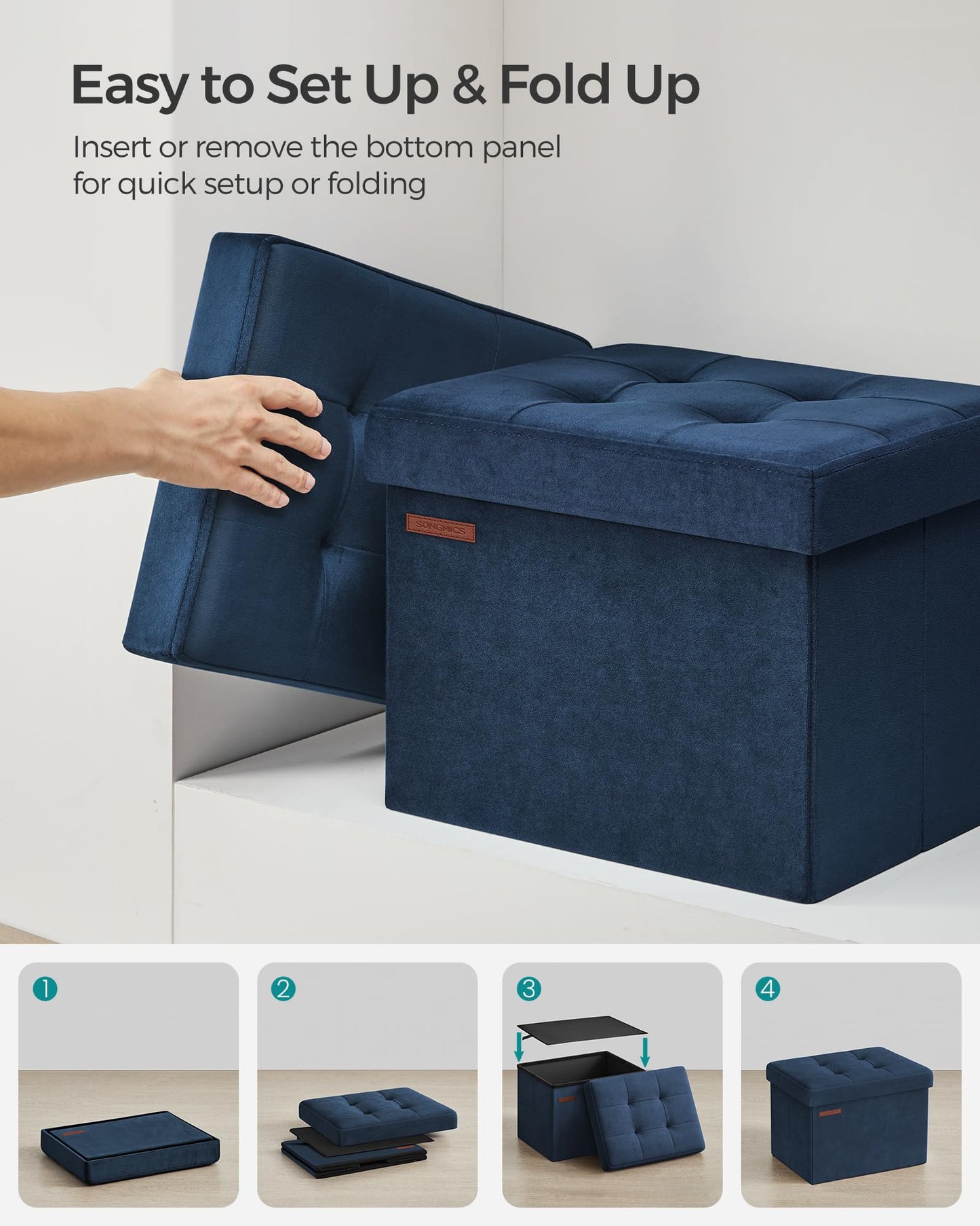 SONGMICS Storage Ottoman, Foldable Small Ottoman Foot Rest, 12.2 x 16.1 Inches Foot Stool, Load up to 286 lb, for Living Room, Bedroom, Dorm, Midnight Blue ULSF200Q01