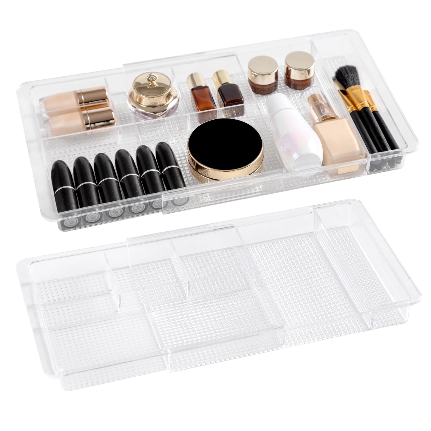 Oubonun Expandable Drawer Organizer 11.1” to 19.2” Width, Shallow Cosmetic Organizer 1.3” Height, 2 Packs, Clear Plastic Storage Trays for Dressing Table,Bathroom