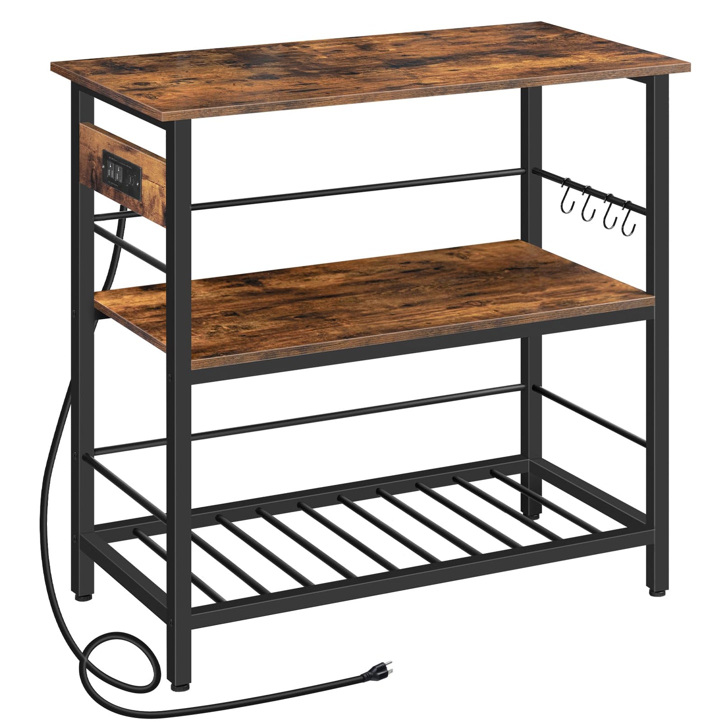 HOOBRO Kitchen Island with Storage, Kitchen Island Table with Power Outlet, 35.4" L 3 Tier Coffee Station and Microwave Stand, for Home, Dining Room, Rustic Brown and Black BF021ZD01