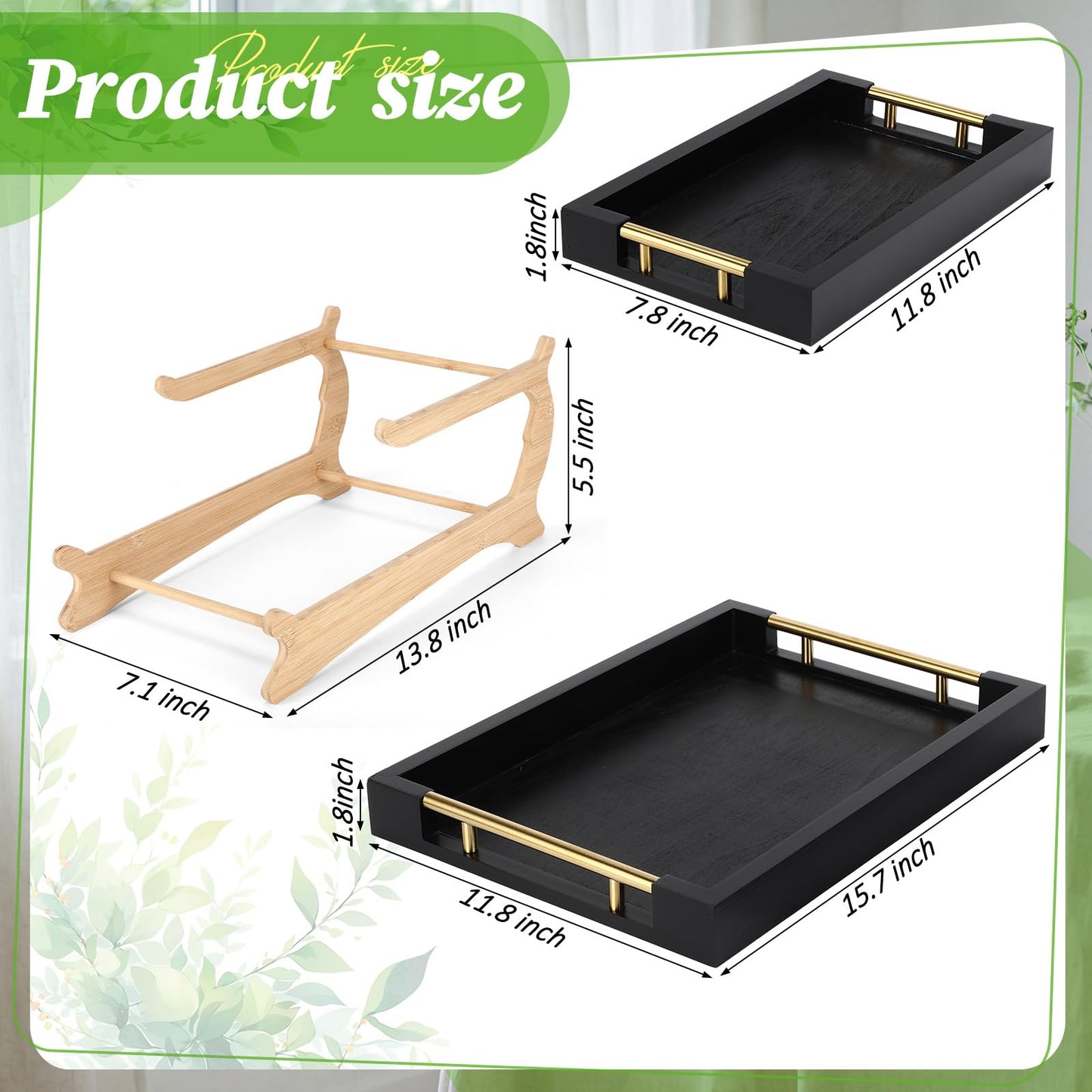 Leinuosen 2 Tier Serving Trays for Party Coffee Table Tray 12"x16" & 8"x12" Large Wooden Ottoman Tray with Gold Handles and Bamboo Stand for Storage Display(Black)