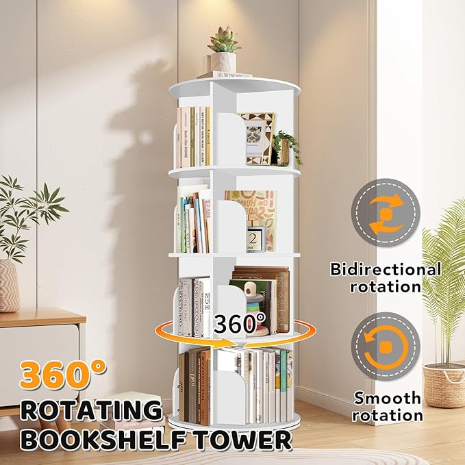 RUNSUNSPRI 4 Tier Rotating Bookshelf Tower, Spinning Bookshelf, Revolving 360°