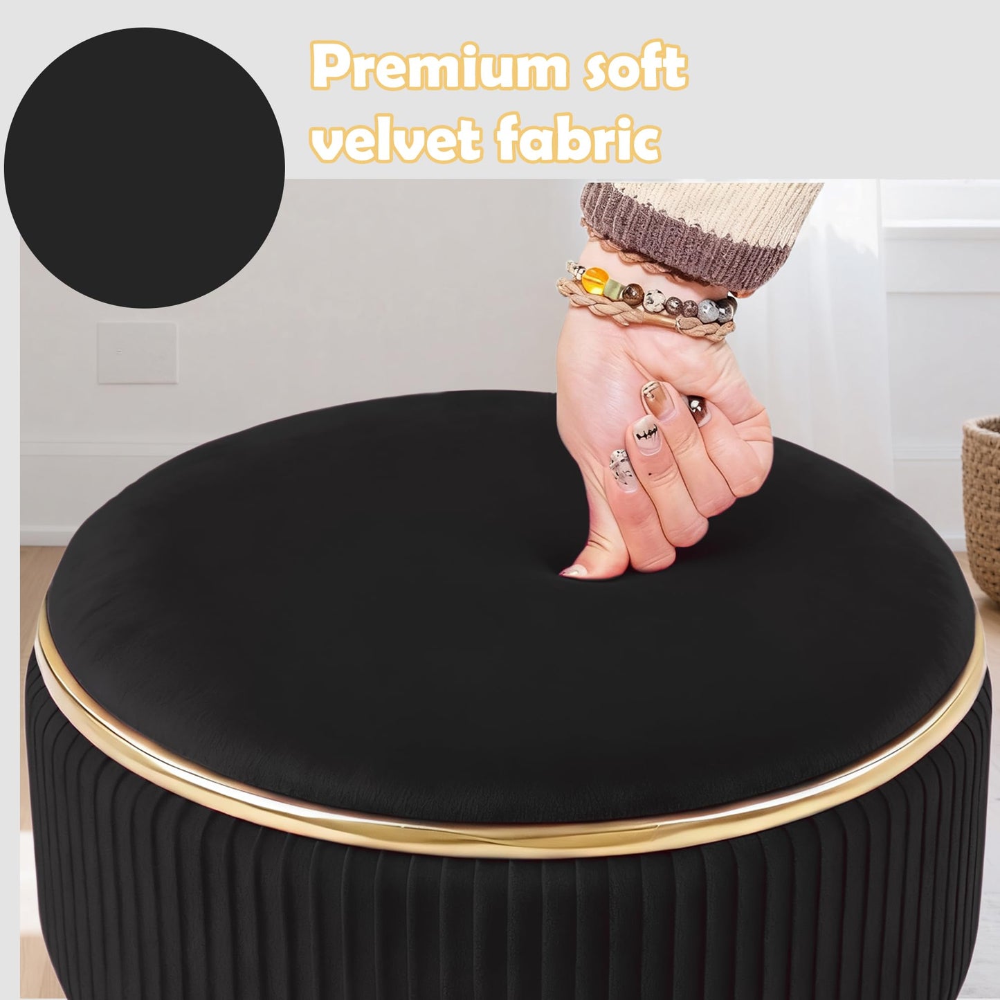 MRITWAII Adjustable Vanity Stool with Storage, 360° Swivel Makeup Stool Chair Small Velvet Round Ottoman with Gold Base for Bedroom (Black)