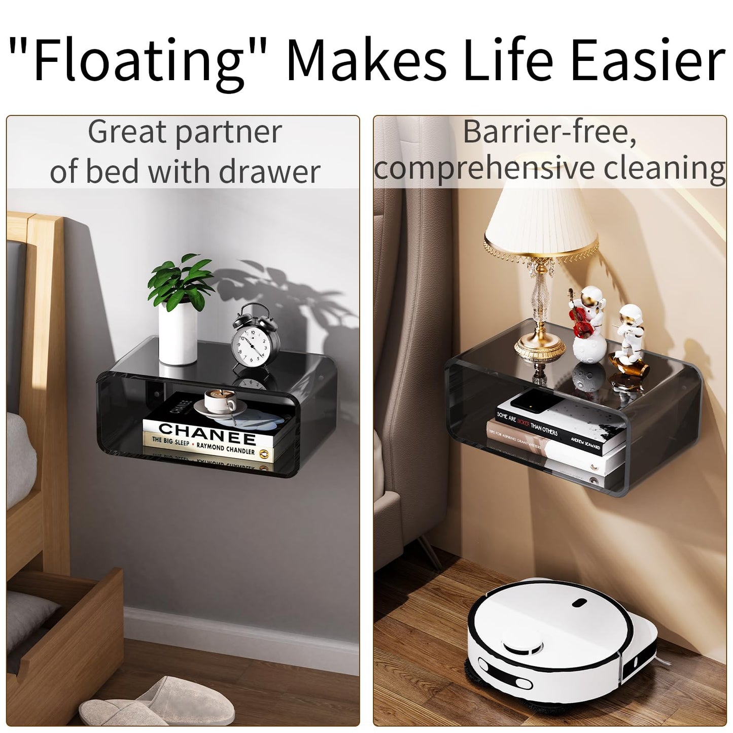 Acrylic Floating Nightstand, Bedside Table, Nightstand Shelf Wall Mounted Bedside Shelf (Black, Small)