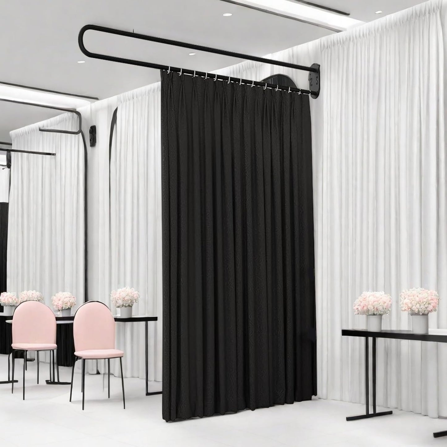 U-Shape Room Divide,Curtain for Beauty Salon,Privacy Partition Curtains with Metal Support Wall Mounted Curtains for Fitting Room, SPA, Bedroom, Room Divider,Hospital,6.56ft (Black)