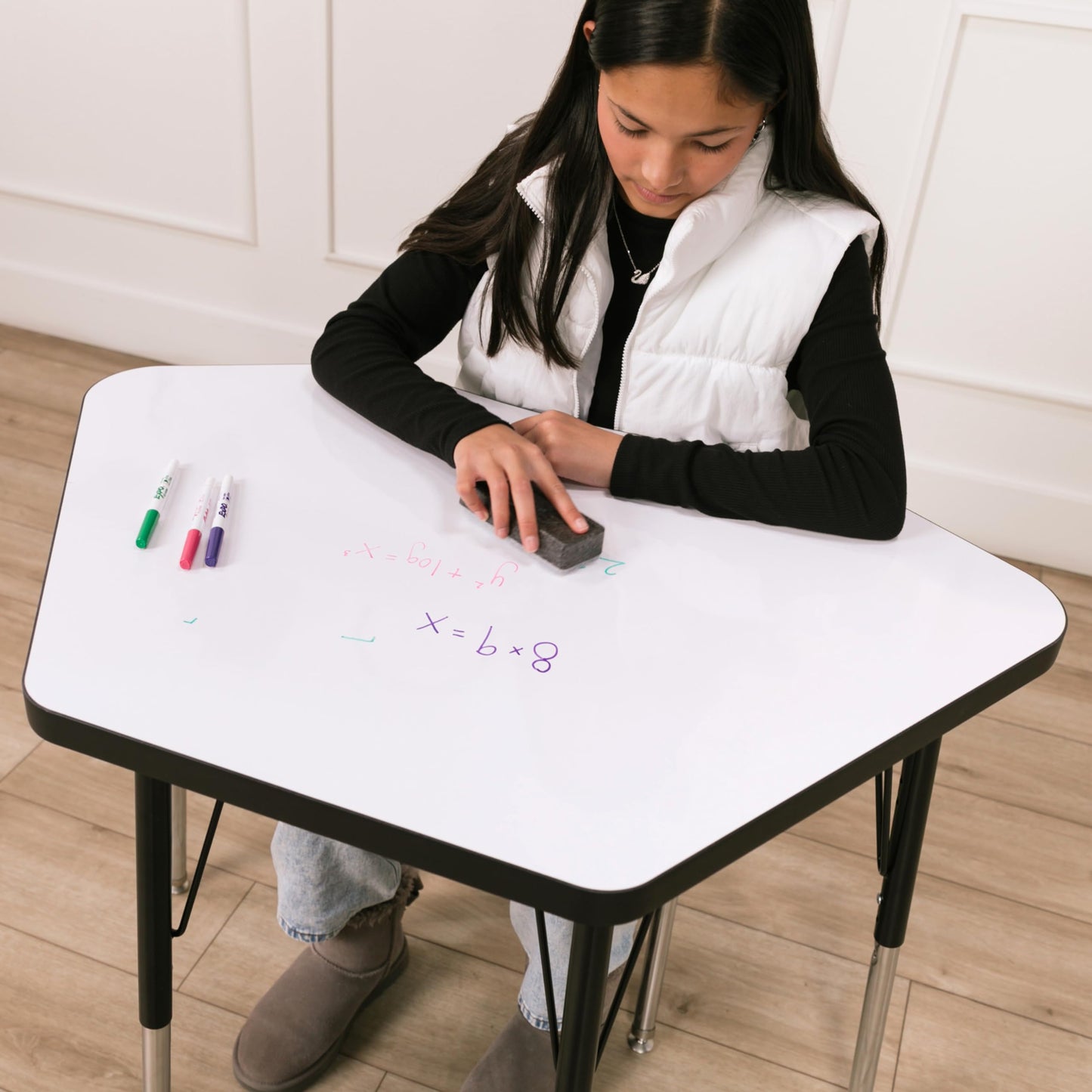 FDP Dry-Erase Petal Activity School and Office Table (24 x 36 inch), Standard Legs with Swivel Glides, Adjustable Height 19-30 inches; Quick Ship Single Box - Whiteboard Top and Black Edge