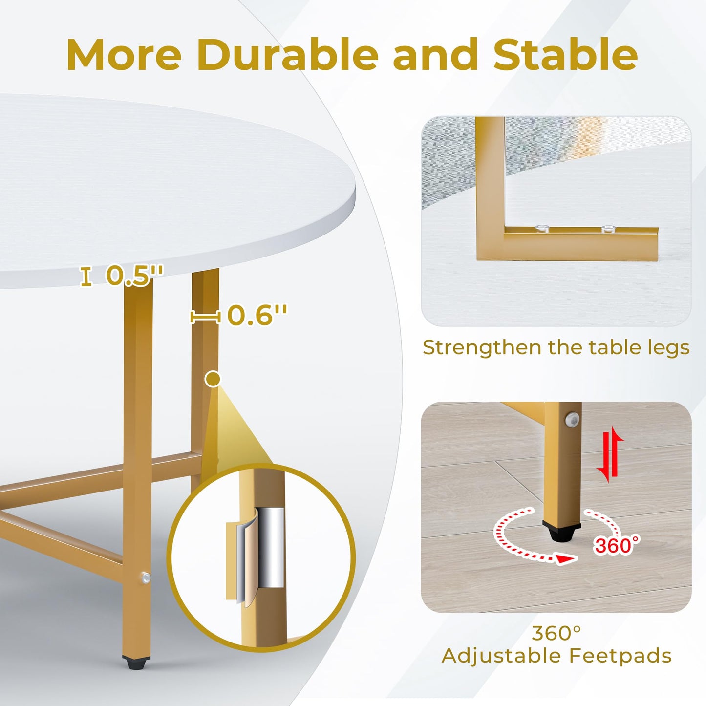 FAMIDGE Coffee Table, 23.6" Coffee Tables for Living Room, Round Coffee Table with Metal Frame, Floor Table for Sitting on The Floor, Home, Office, White & Gold Legs