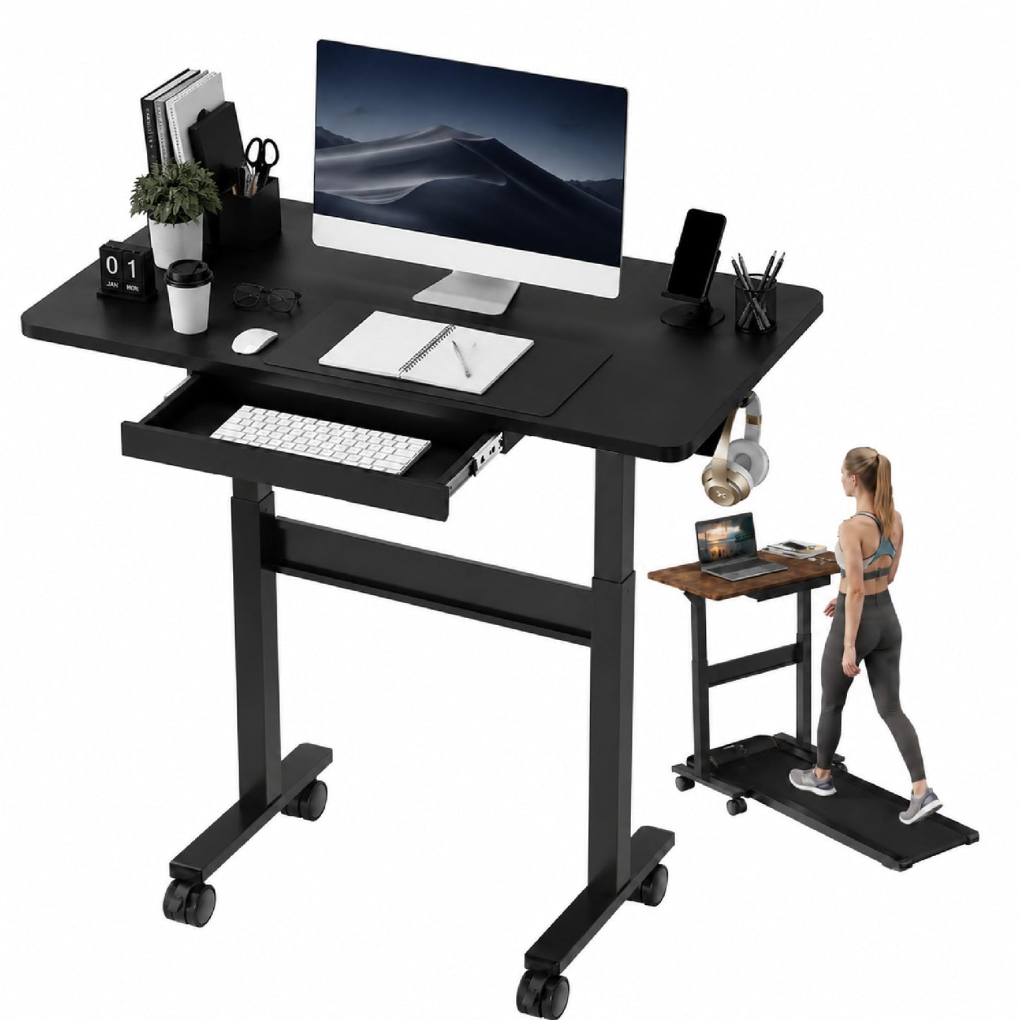 DAWNYIELD Standing Desk for Walking Pad with Wheels, Pneumatic Cordless Height Adjustable Rolling Desk, Mobile Computer Workstation with Drawer Hook Locking Casters for Treadmill & Home Office, Black