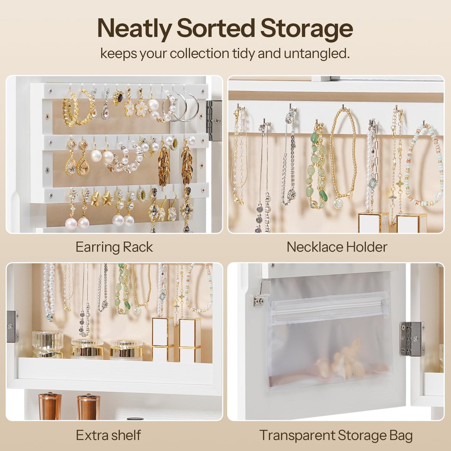 HOOBRO Wall Mounted Jewelry Cabinet, LED Jewelry Armoire with Interior Mirror, Hanging Jewelry Organizer for Wall, Lockable Jewelry Storage Cabinet, 3.9 x 11.8 x 20.9 Inches, White
