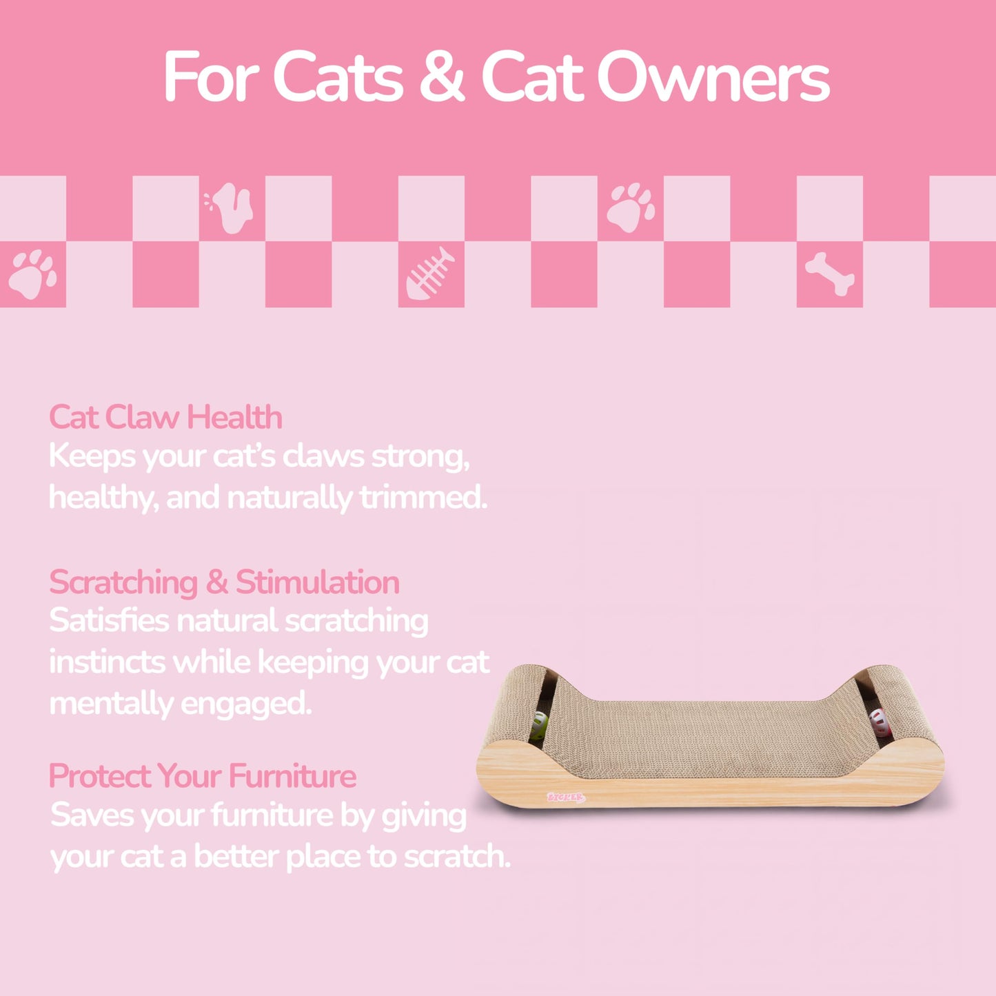 THE LICKER Store Rini 23.75" Modern Cardboard Cat Scratcher Lounge Bed with Built-in Bell Toys and Catnip, Ergonomic Curved Sofa Design, Oak Wood Finish CSR1003C