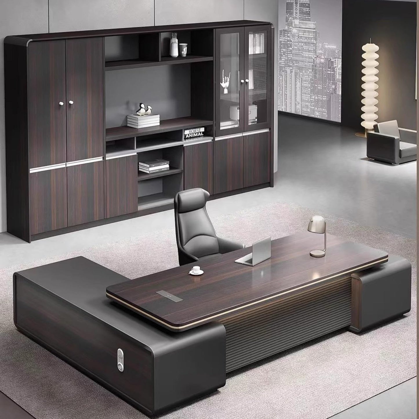 HONGYISHI Writing Corner Work Desk Reception Boss Reception Wooden Executive Table Modern Shelf Office Furniture Business Furniture for Home Office