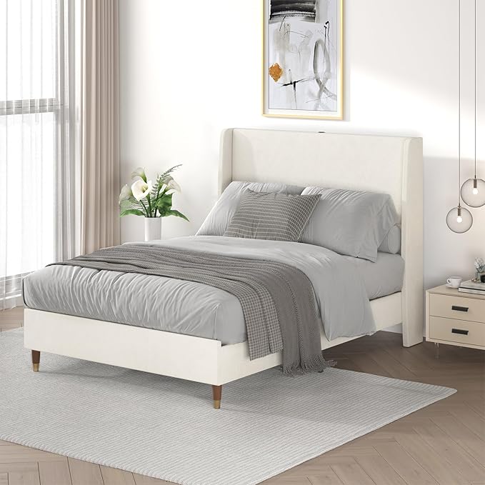 MALOL Full Size Bed Frame with Upholstered Headboard, Linen Fabric Platform Bed
