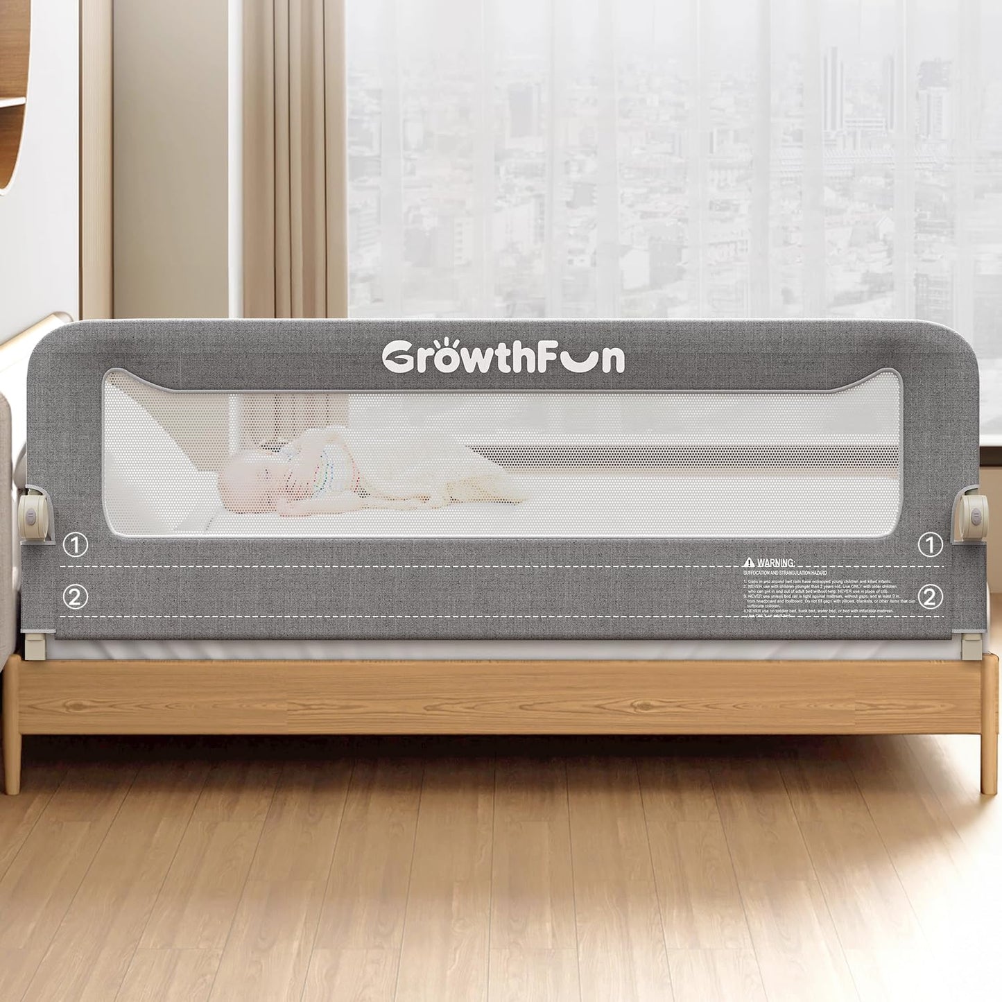 GrowthFun Foldable Bed Rail for Toddlers, 71in Reinforced Carbon Steel Frame&Connectors, Breathable Cationic Fabric - Safety Toddler Bed Rails for Queen, King, Twin, Full, No-Tool Setup.
