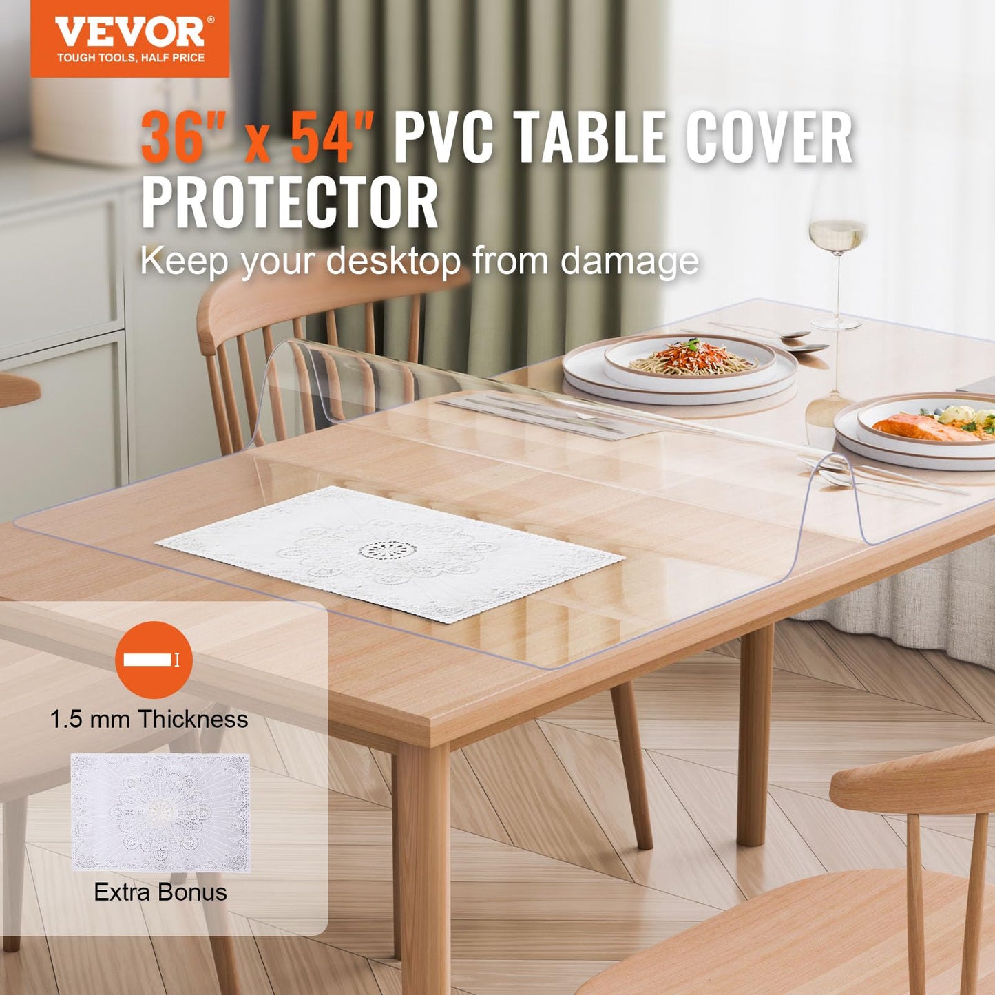 VEVOR Plastic Table Cover, 36 x 54 Inch 1.5 mm Thick Clear Table Protector, Rectangle PVC Desk Mat, Waterproof & Easy Cleaning Desk Pad Tablecloth, for Office, Dresser, Dining Room, Night Stand