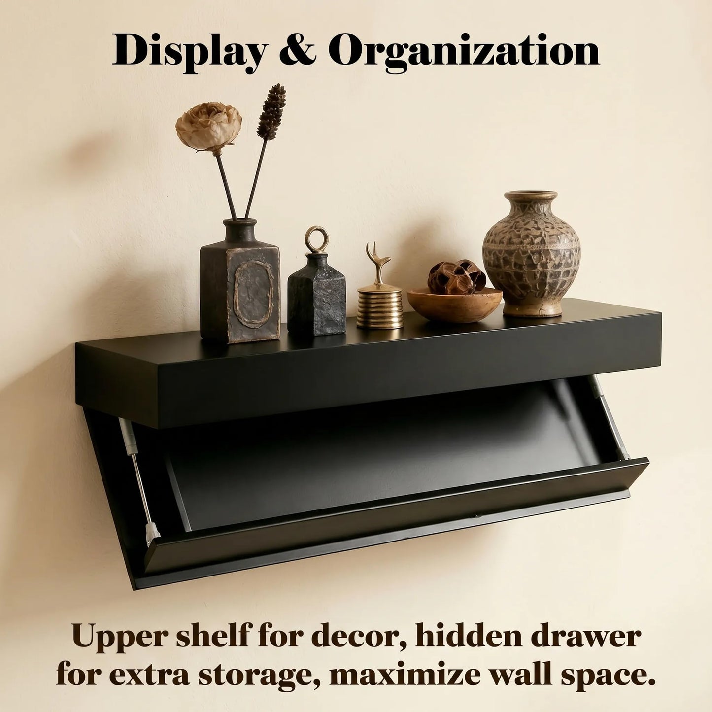 nawakol Floating Hidden Shelves for Wall with Concealed Storage Drawer, Hidden Shelf Night Stand with Secret Compartment, for Home Office Living Room, Black