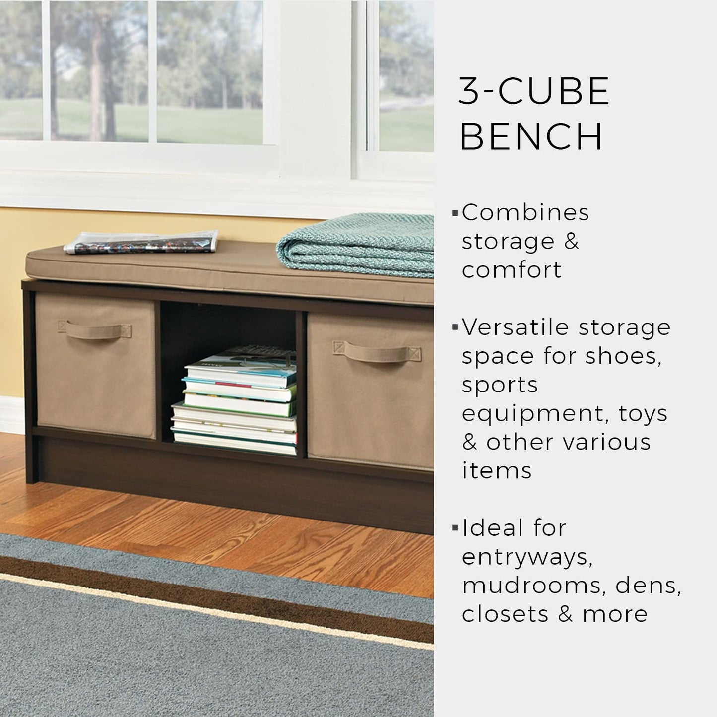 ClosetMaid 1569 Cubeicals 3-Cube Storage Bench, White with Tan Cushion