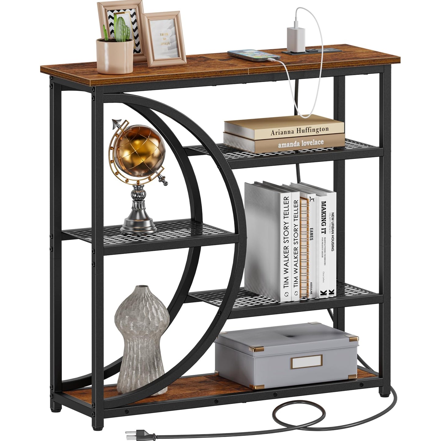 Snughome Entryway Table, Console Table with Charging Station, Industrial Narrow Sofa Table with 5 Tier Storage Shelves, Entrance Table for Hallway, Behind The Couch, Living Room, Foyer