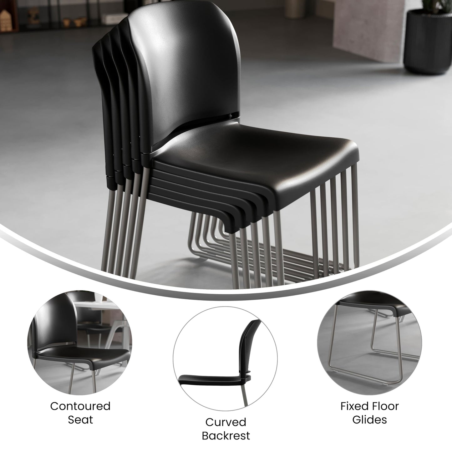 Flash Furniture HERCULES Series 880 lb. Capacity Black Full Back Contoured Stack Chair with Gray Powder Coated Sled Base