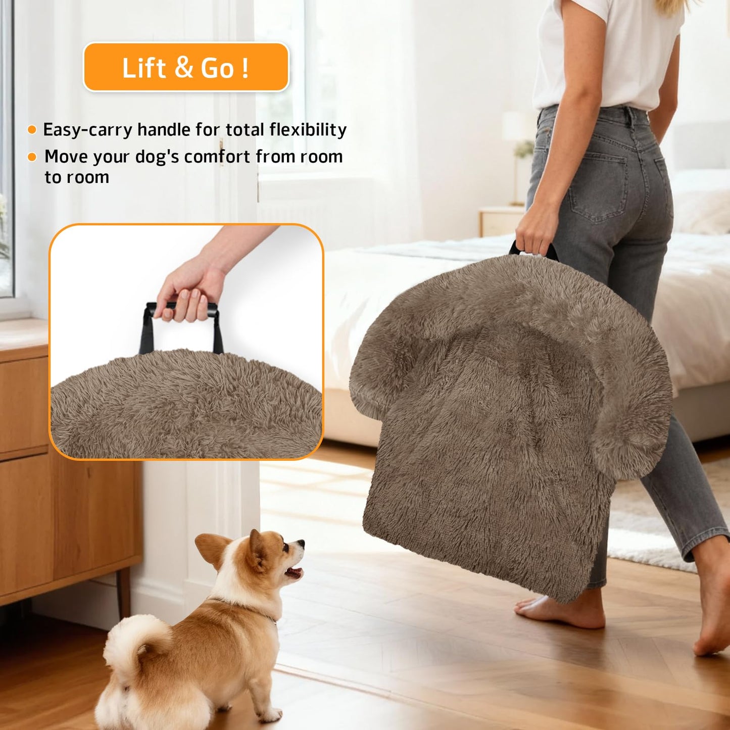 Calming Dog Bed Fluffy Plush Dog Mat for Furniture Protector with Removable Washable Cover for Large Medium Small Dogs and Cats (Large(45x37x6), Camel)