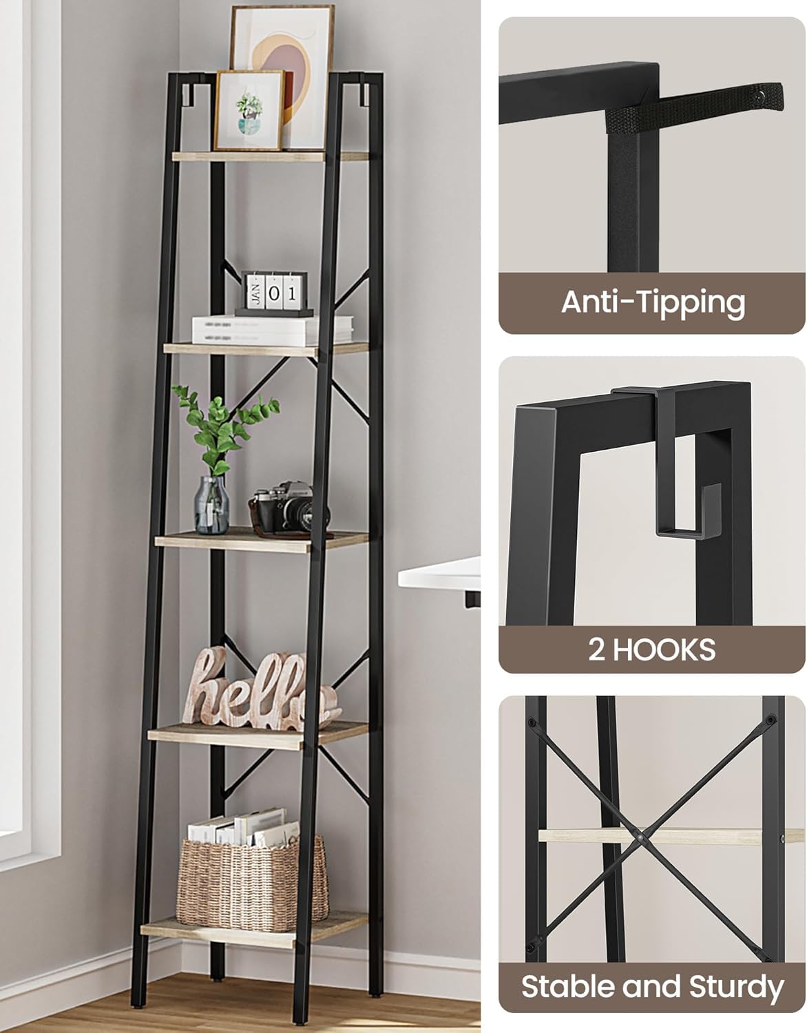 Hzuaneri Ladder Shelf, Bookshelf Bookcase, Freestanding Corner Storage Shelve with 2 Hooks for Home Office, Living Room, Kitchen, Bedroom, Industrial, 11.8" D x 13.4" W x 63" H, Greige BC03205B