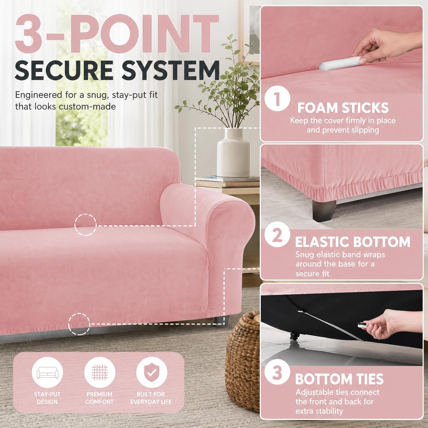YEMYHOM Real Velvet Couch Covers for 2 Cushion Couch High Stretch 1 Piece Loveseat Slipcover for Pets Dogs Anti Slip Love Seat Sofa Slipcover Furniture Protector (55"-69", Dusty Pink)