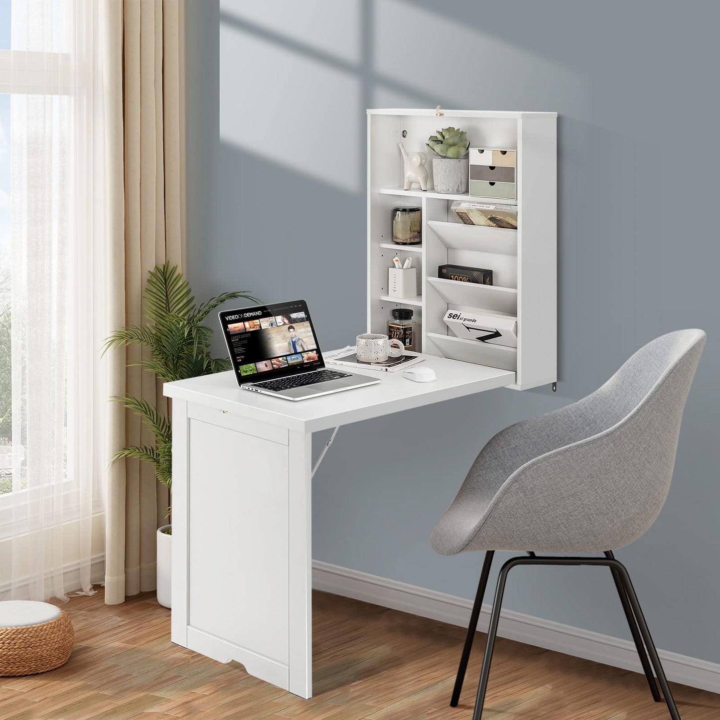 Byroce Wall Mounted Desk, Wood Collapsible Floating Desk, Convertible Computer Desk with Storage Area, Hanging Fold Out Table for Home Office, Small Spaces (White)