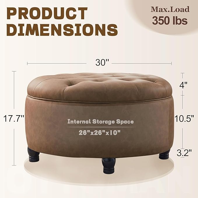30-Inch Round Storage Ottoman, Button Tufted Ottoman Coffee Table