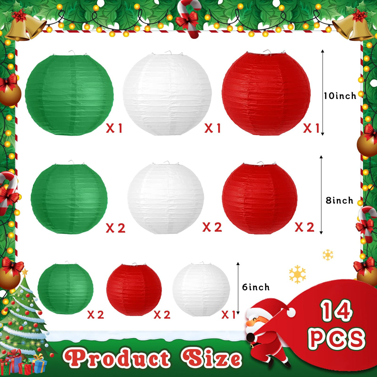 YIOTJUNL 14 PCS Red Green White Paper Lanterns, 6 8 10 Inch Hanging Ornaments for Cinco de Mayo Decorations, Mexican Fiesta Party Supplies, Italian Pizza Theme, Strawberry Birthday Decor