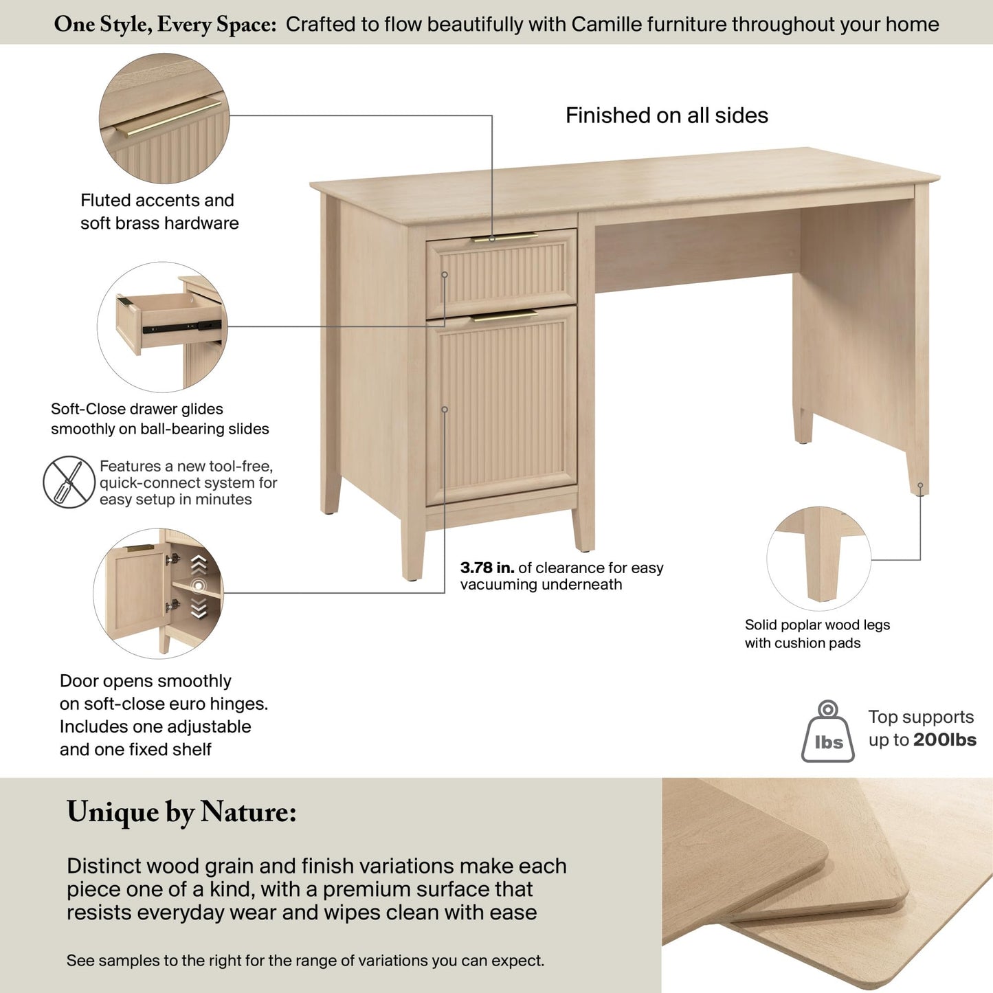 Bush Home 54-Inch Writing Desk with Storage, Fluted Computer Study Laptop Table Workstation with Spacious Drawer and Door Storage, Home Office Furniture, Make Up Vanity, Camille Collection, Onyx Birch