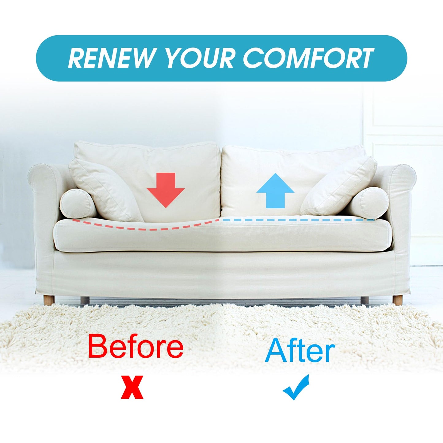 moonoom 22"x22" Couch Cushion Support, Blue Sofa Cushion Sagging Repair, Curved High Density Foam Replacement for Furniture Sagging Seat Sectional Loveseat Chair (3 Pcs)