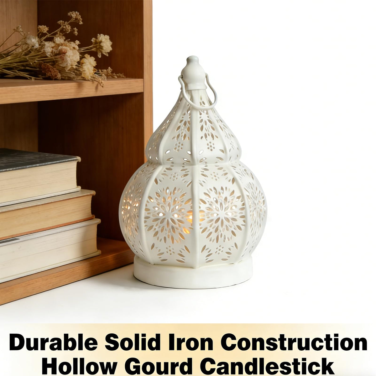 1pcs Iron Gourd Hollow Candle Holder Projection Ambient Decor for Home Garden Courtyard Decorative Ornament (Black)