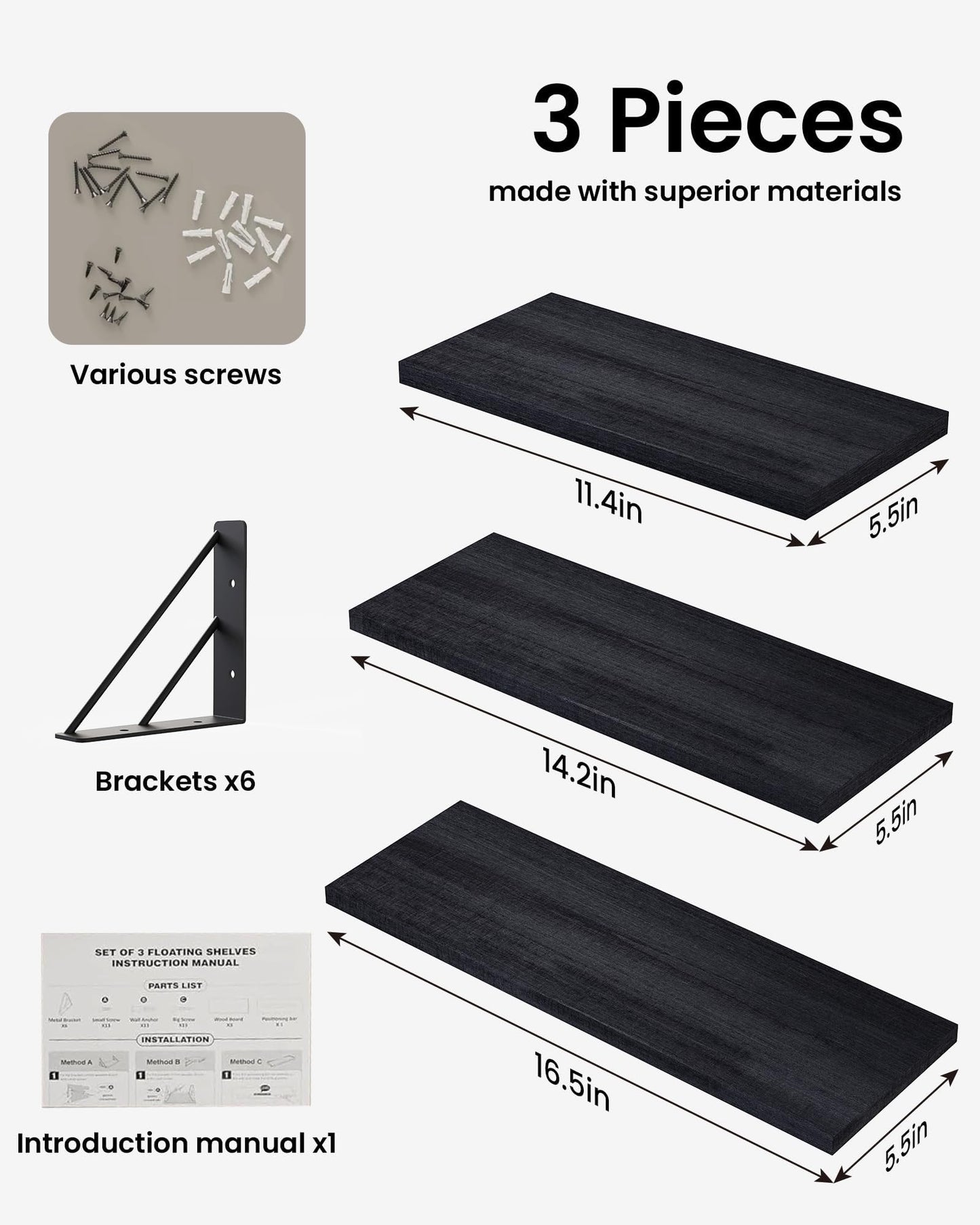BAYKA Wall Mounted Floating Bathroom Shelves, Wood Floating Wall Shelf for Bathroom Essentials & Decor, Small Space-Saving Display & Organizer（Black，Set of 3）