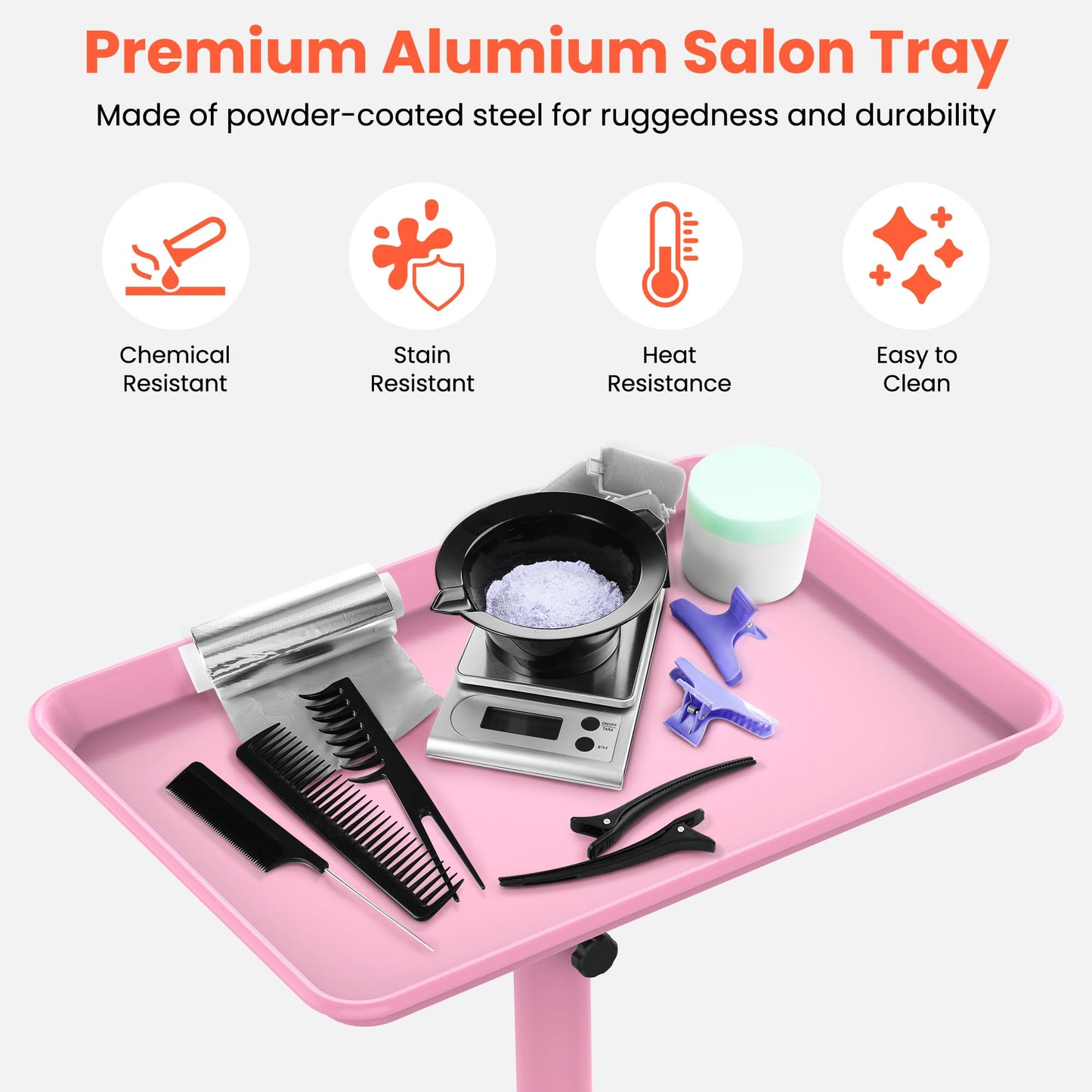 TASALON Premium Salon Tray on Wheels, Aluminum Salon Rolling Tray Trolley for Salon Essentials, Adjustable Height Provides Ample Storage for Hairstylist, Tattoo and Clinic Use - Pink