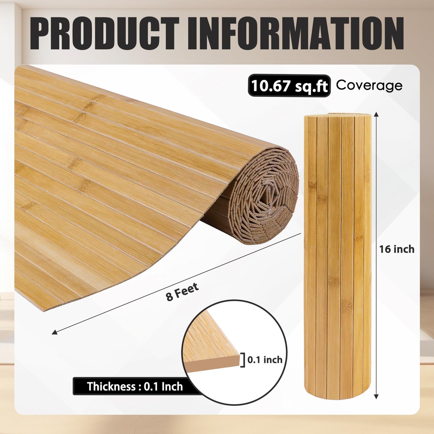 FONUNO Bamboo Wall Panel for Interior Decoration Bamboo Pole Wrap Roll Natural Wainscoting Paneling Decorative Wall Slat Covering for Living Room, Bedroom, Office (16 Inch x 96 Inch, Carbonized)