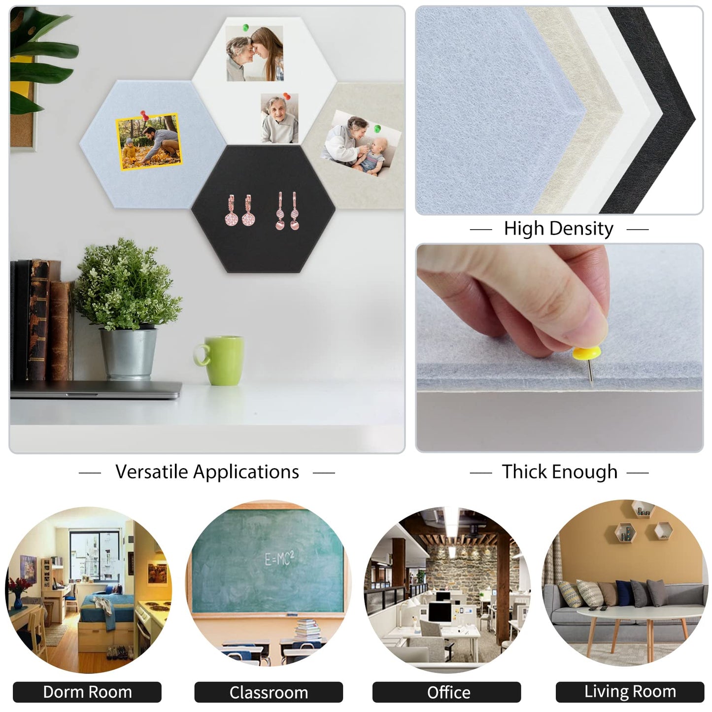 BXI Hexagon Felt Bulletin Board - 14.2 X 12.3 X 0.4 Inches 6 Pcs Self-Adhesive Poster Cork Board 30 Push Pins, Thick Pin Tiles Display Vision Board, Photo Picture Panels for Home Office Classroom