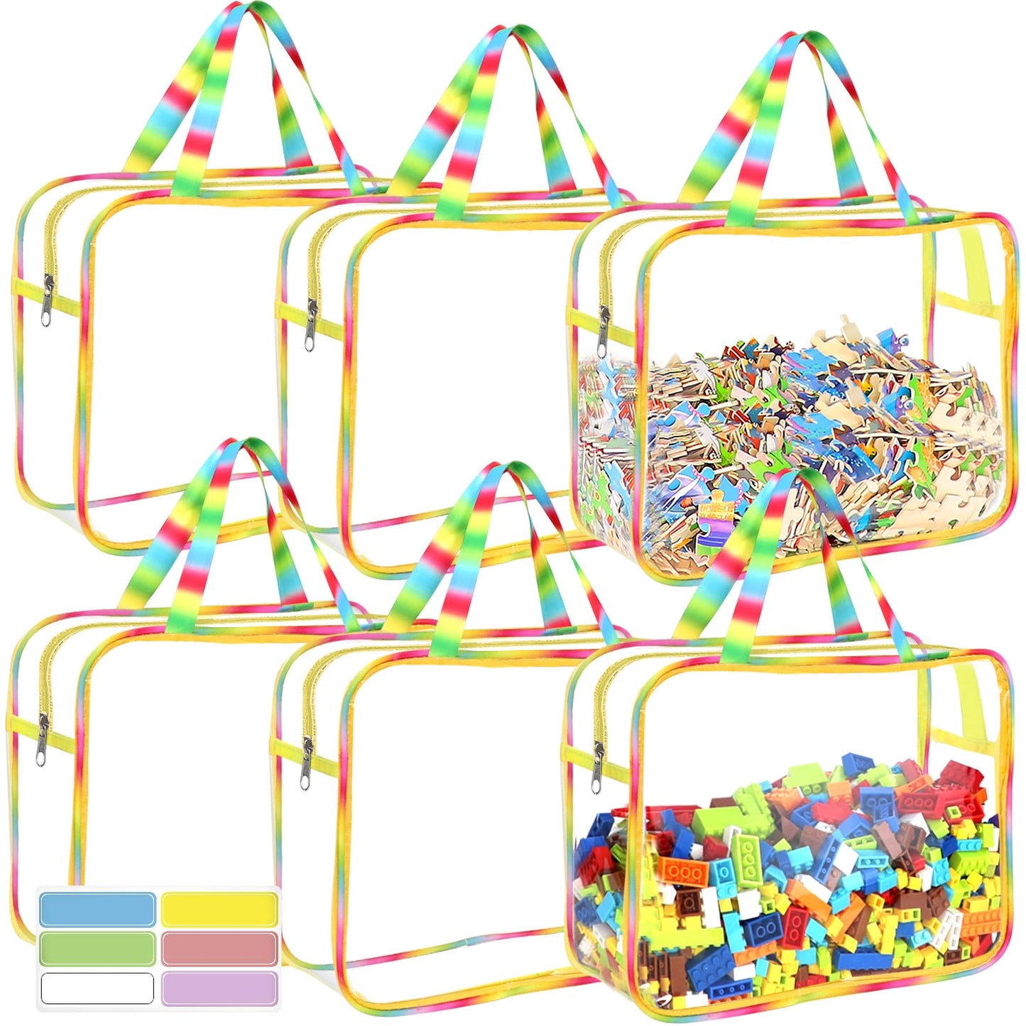 6 Packs Large Toy Storage Bags with Labels, Reusable Clear PVC Board Game Storage, Travel Waterproof Organizer Bags with Zipper Large Capacity (Gradient Color)