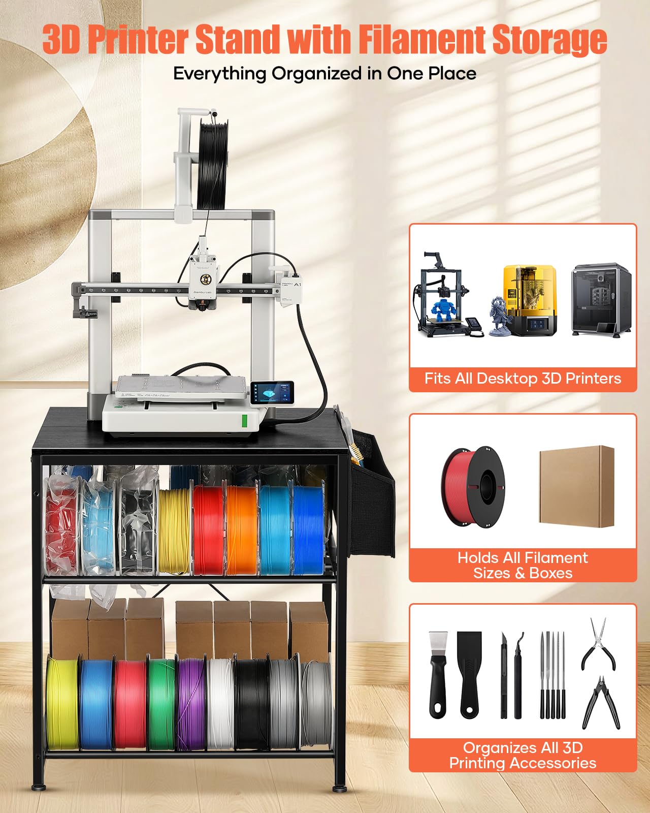 AHOWPD 3D Printer Stand with Filaments Storage - 3D Printer Table Filament Storage Rack Heavy Duty 3D Desk for Workshop Studio Office (Black)