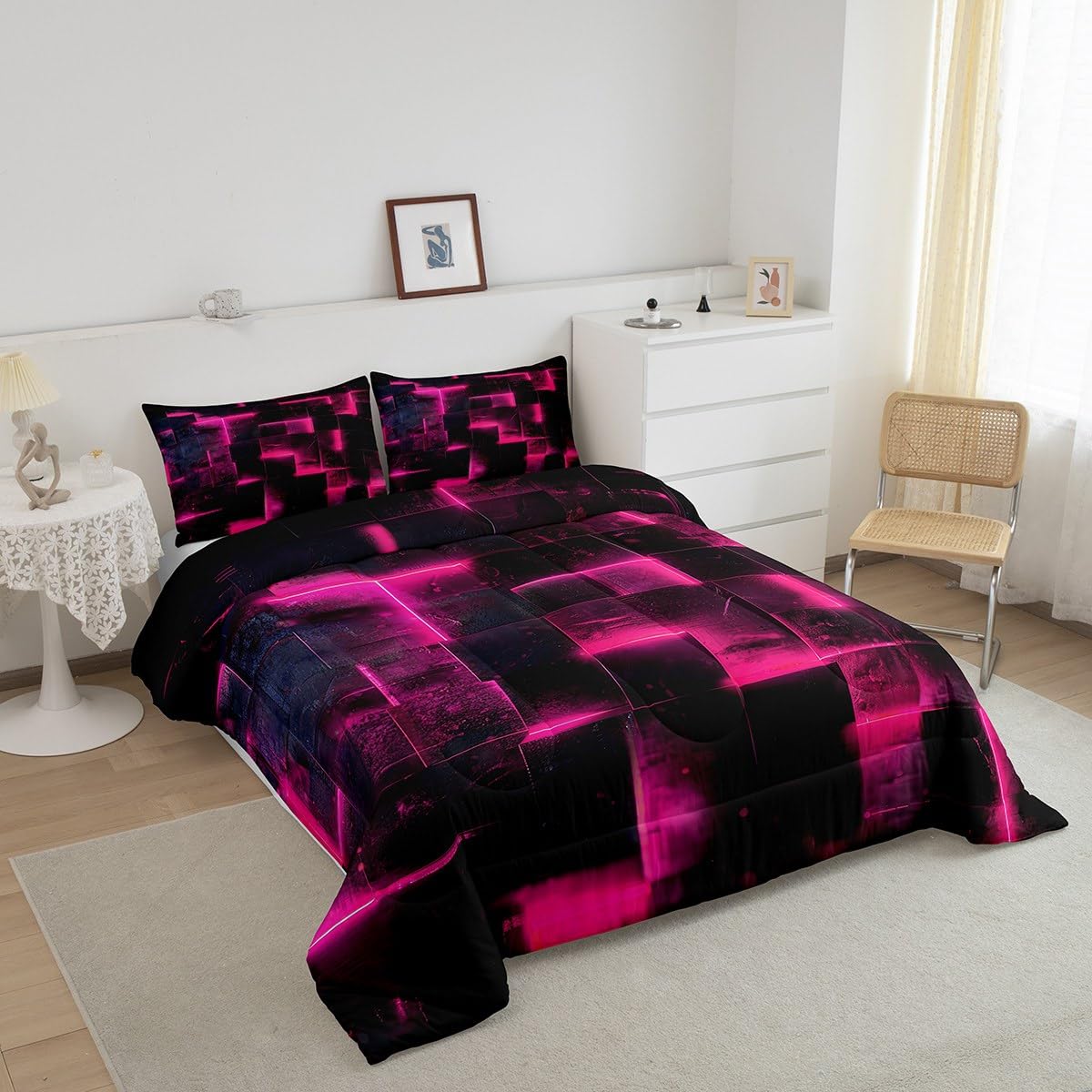 3D Geometric Bedding Set Twin Abstract Aesthetic Twin Comforter, Black and Hot Pink Duvet Insert Glowing Futuristic Cubes Quilt Comforter, Neon Grid Bedding Comforters & Sets 2pcs (Black Reversible)