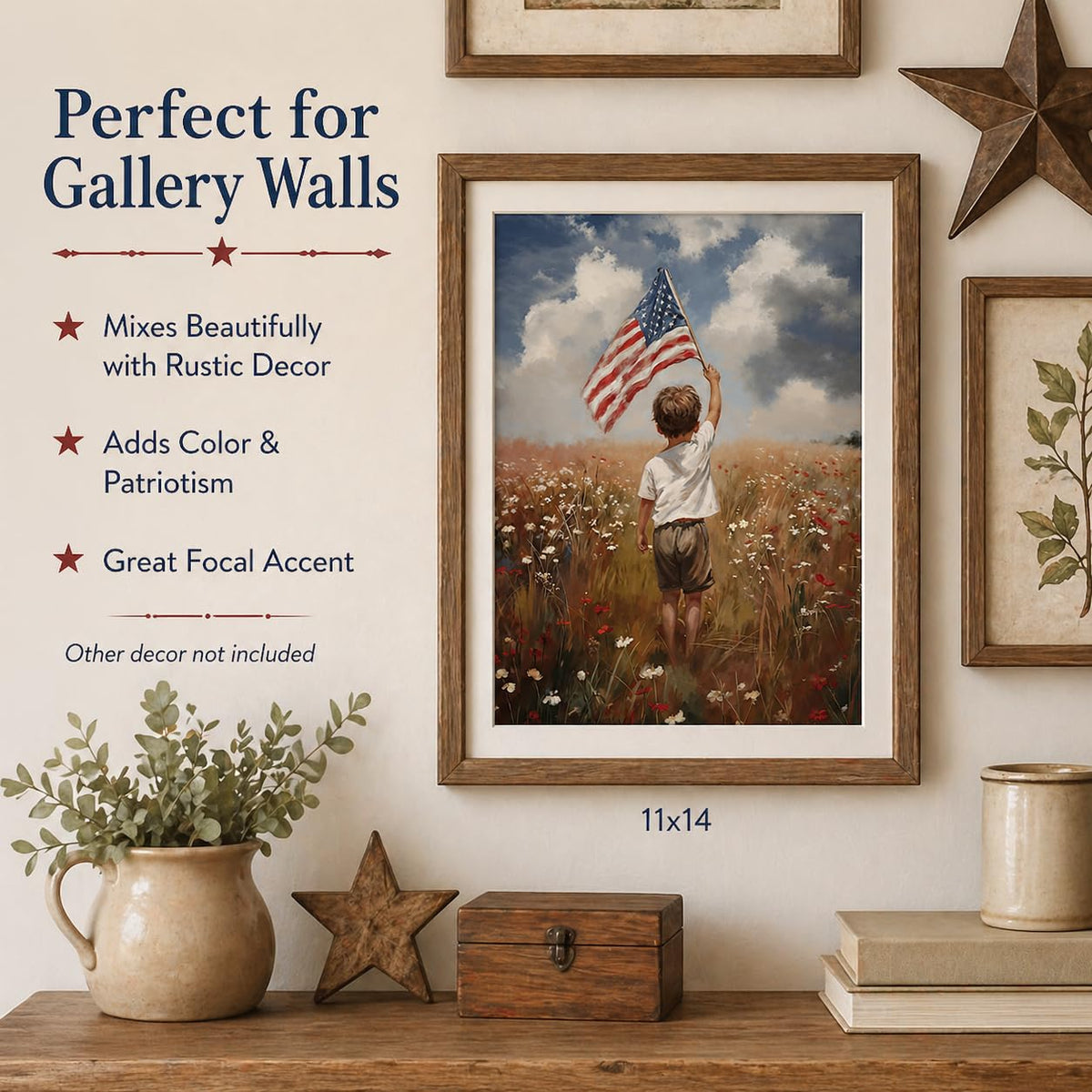America the Beautiful Painting-11x14 Unframed Poster- Boy Holding American Flag in Meadow of Wildflowers, 4th of July Living Room or Kids Room Decor, USA Freedom Landscape, Youthful Patriotism Artwork